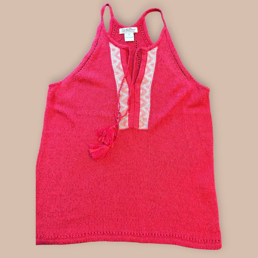 Lucky Brand Intarsia Sweater Tank Women’s Red Tie Neck Tomato Spice 7W50576